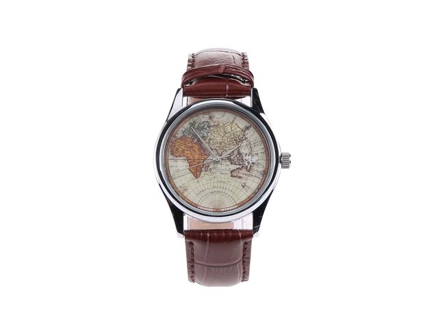 Tmavě hnědé pánské kožené hodinky s mapou Cheapo Vintage World