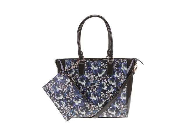 Tmavě šedý květovaný shopper s kosmetickou taštičkou LYDC