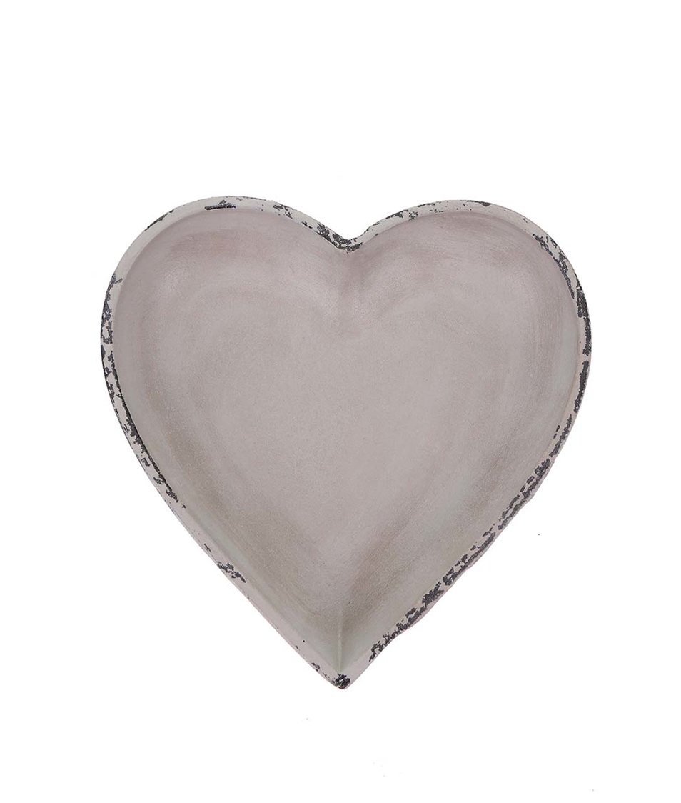 Šedý dřevěný vintage podnos ve tvaru srdce Dakls