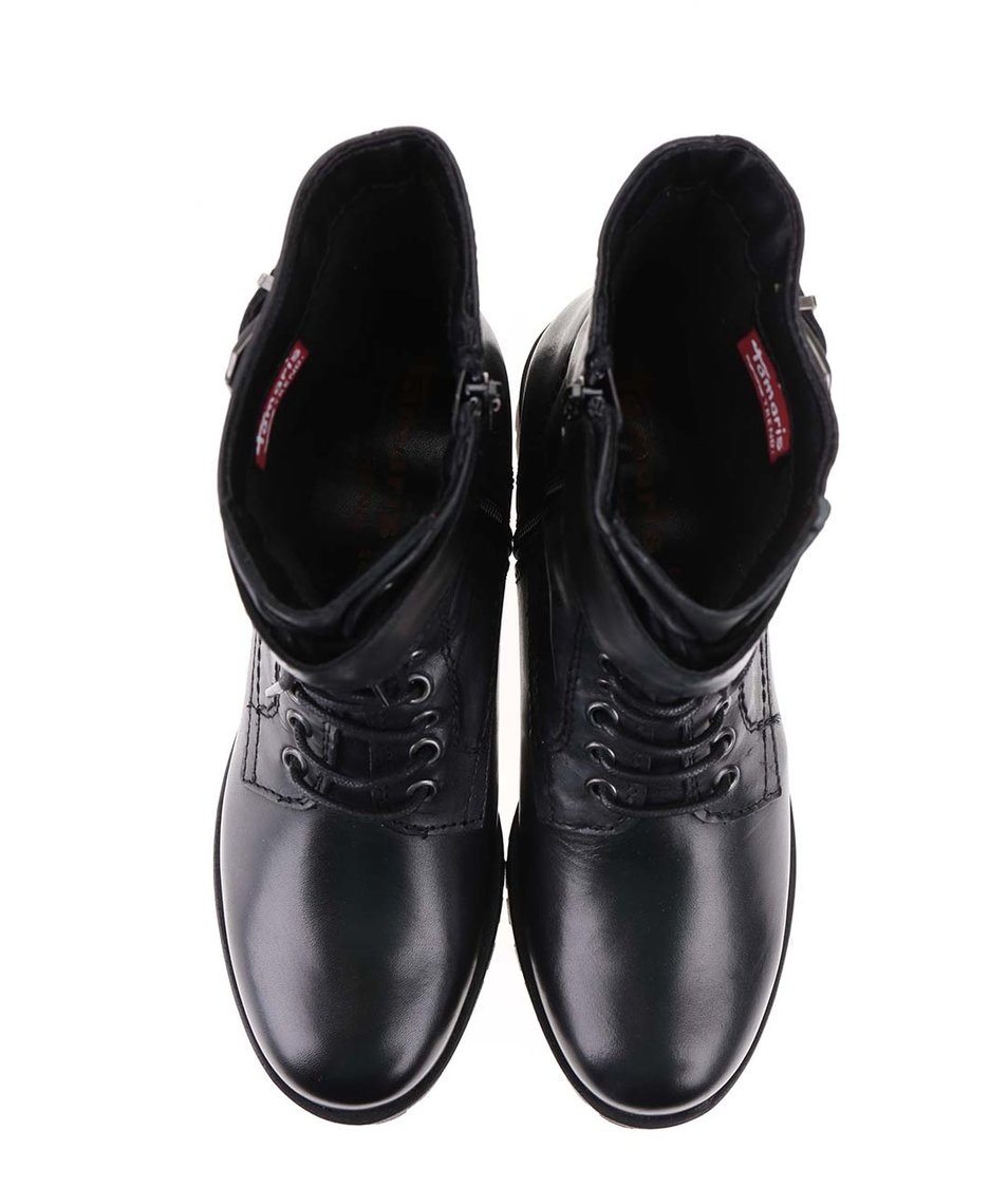 Černé kožené kotníkové boty s výraznou podrážkou Tamaris 