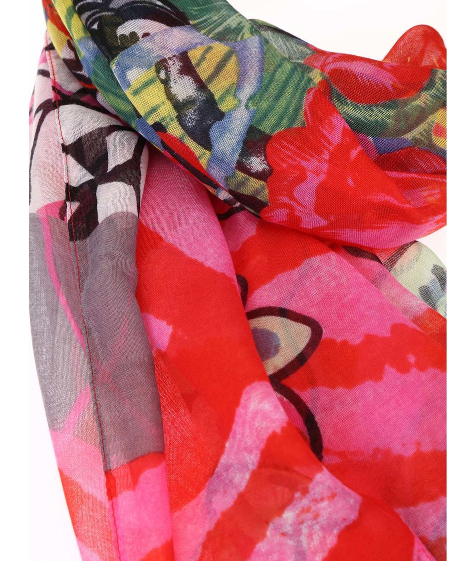Červený šátek s barevnými vzory Desigual Panu