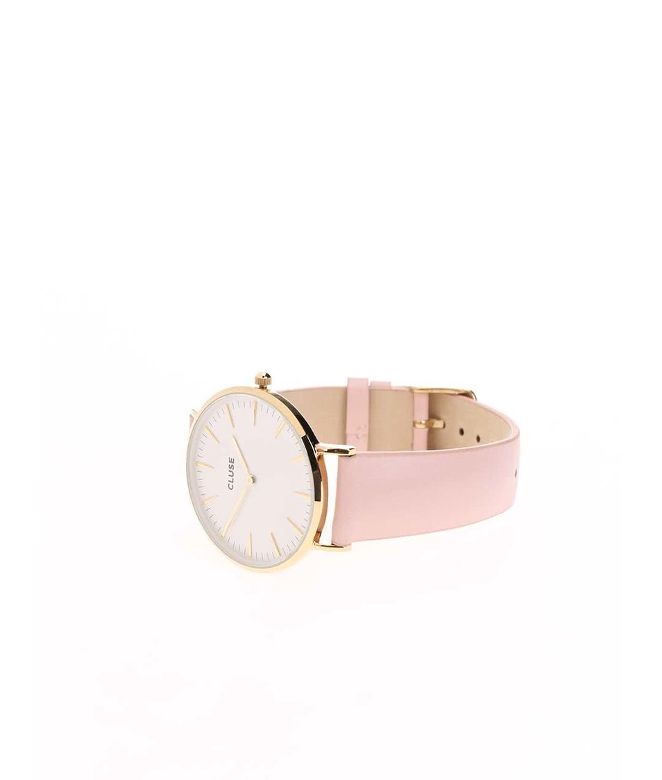 Bílo-růžové kožené hodinky CLUSE La Bohème Gold