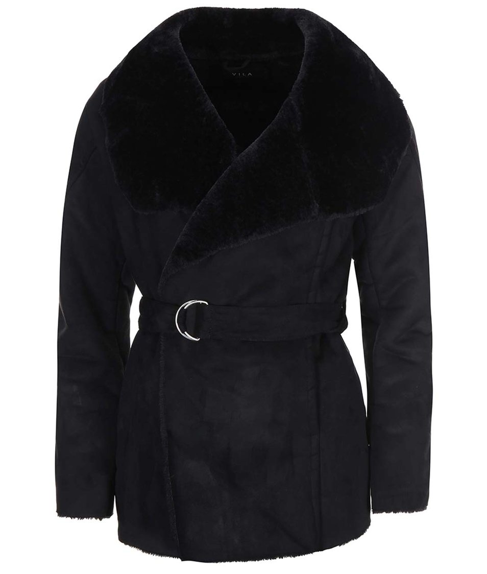 Černý kratší kabát s umělým kožíškem VILA Aviate