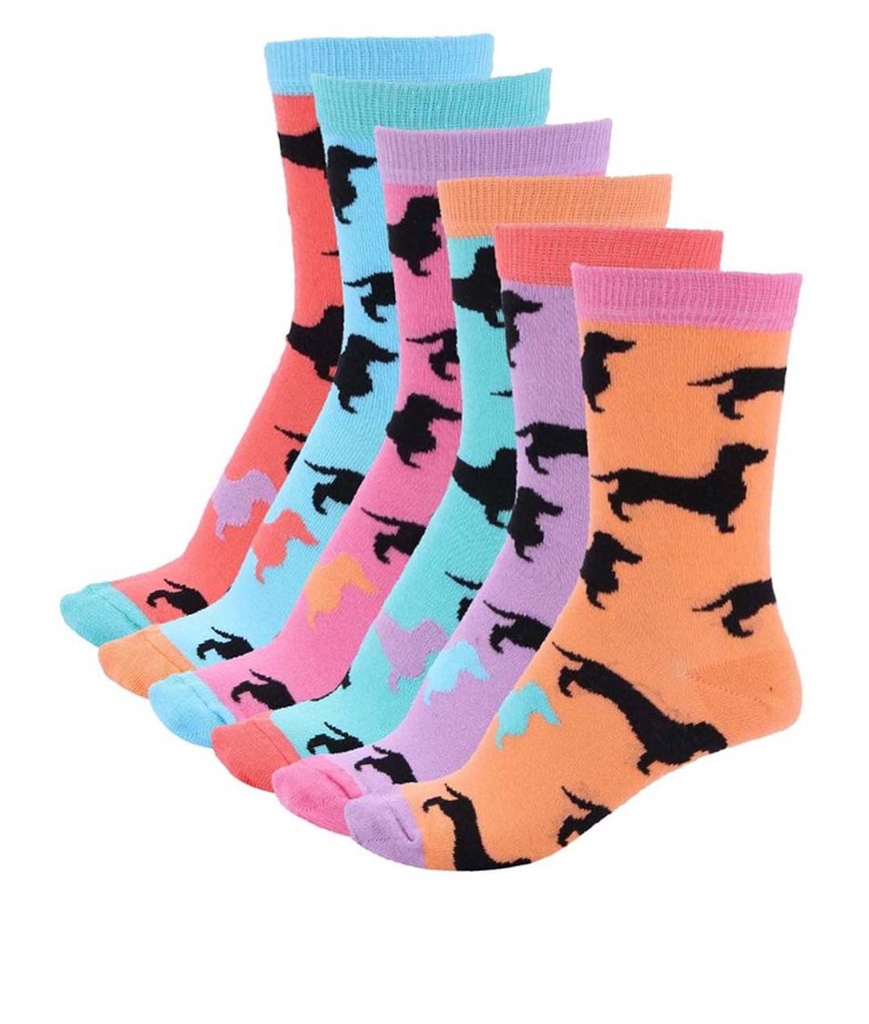 Sada šesti barevných dámských ponožek s jezevčíky Oddsocks Hotdog