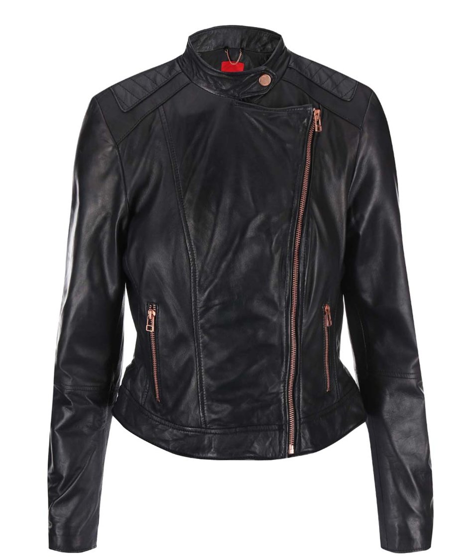 Černá dámská kožená bunda s asymetrickým zipem s.Oliver