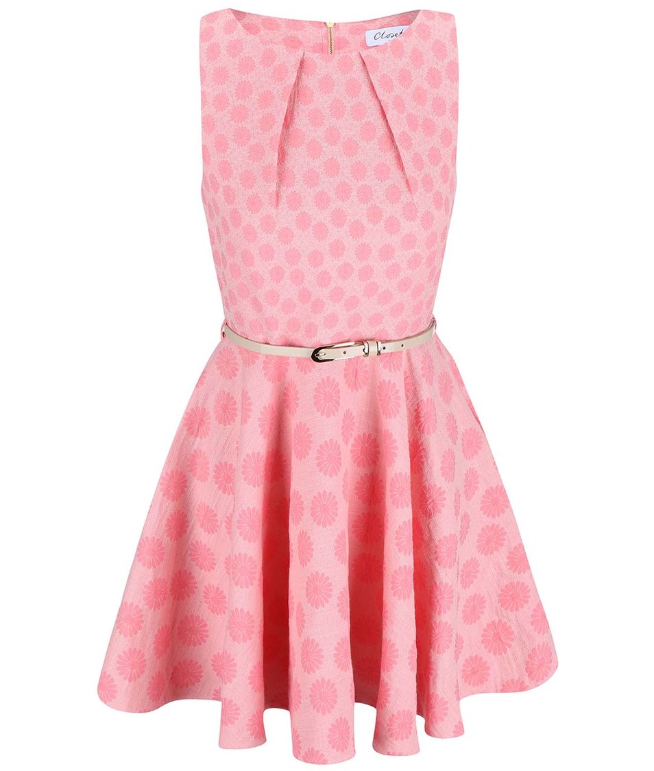 Růžové vzorované šaty s páskem Closet