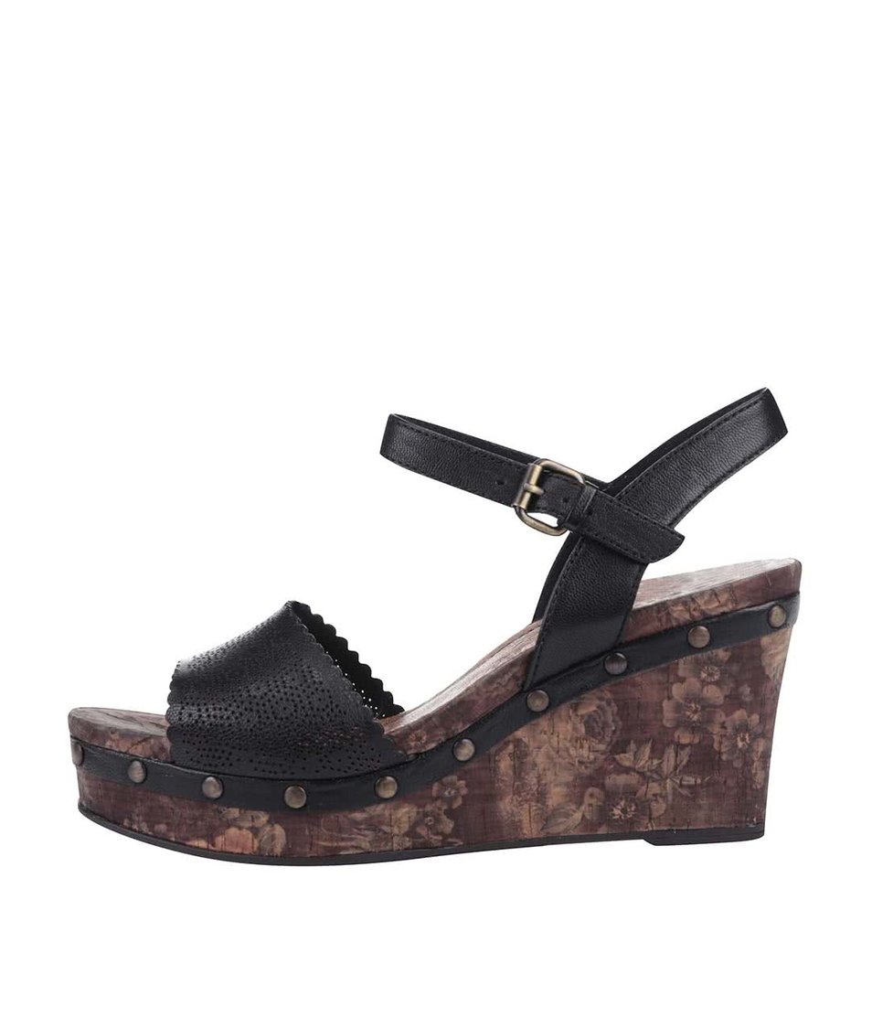 Černé vzorované kožené sandálky na klínku Tamaris