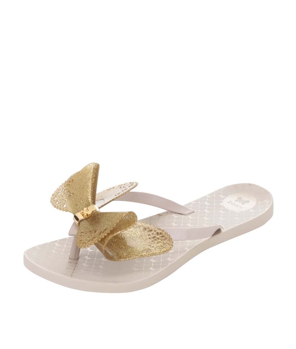 Béžové plastové žabky s mašlí ve zlaté barvě Zaxy Fresh Butterfly