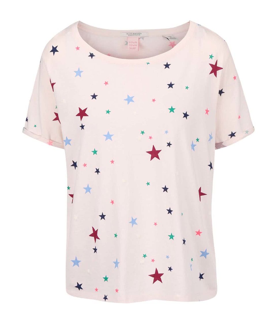 Světle růžové tričko s barevnými hvězdičkami Maison Scotch