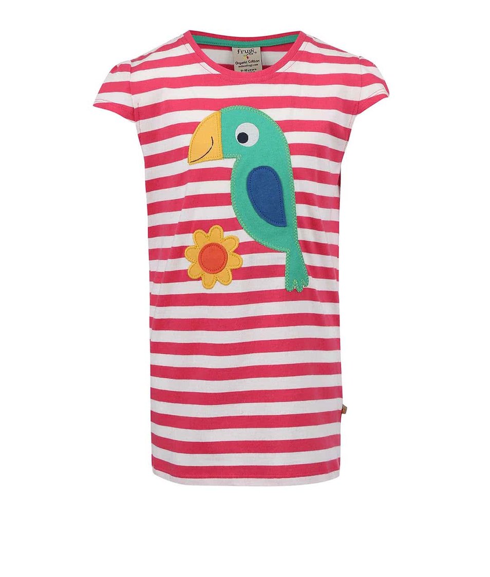Růžové pruhované dívčí tričko s papouškem Frugi Poldhu