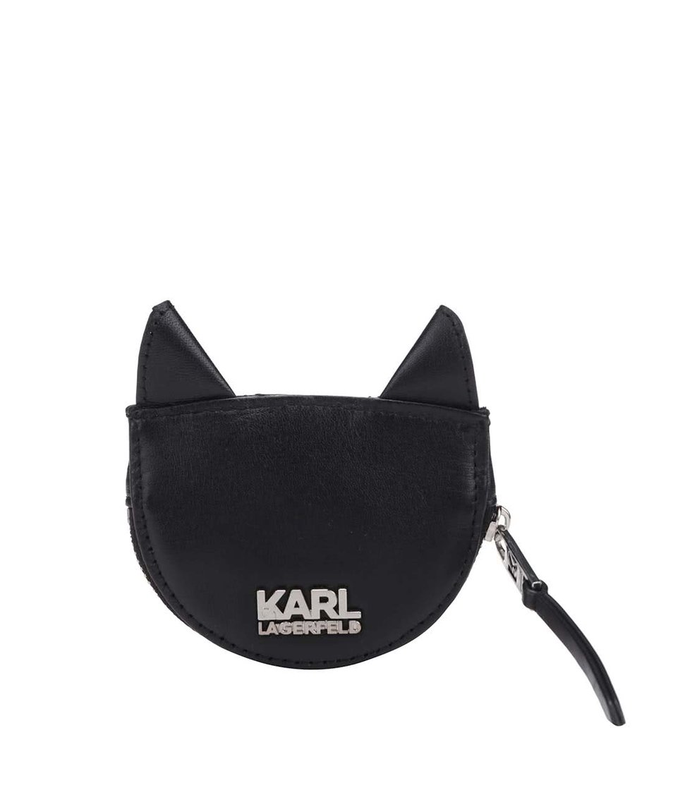 Černá kožená prošívaná peněženka na drobné ve tvaru kočky KARL LAGERFELD
