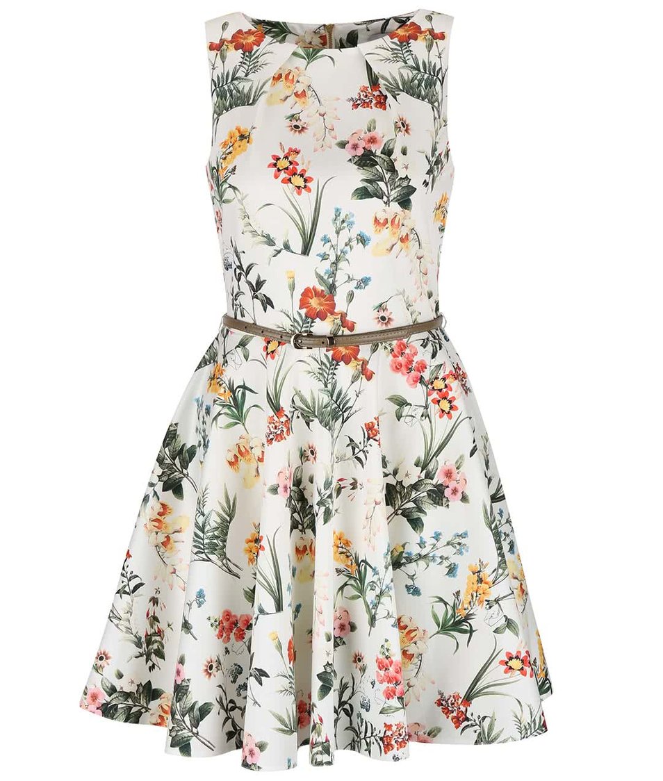 Krémové květované šaty s béžovým páskem Closet