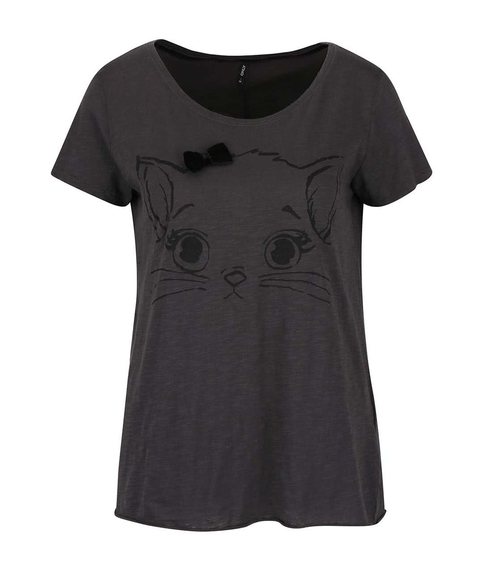 Tmavě šedé tričko s mašlí a motivem kočky ONLY Kaya