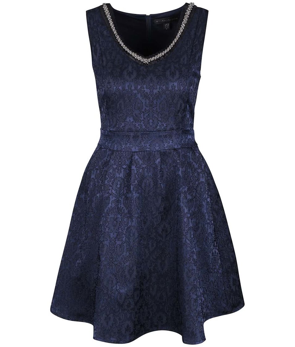 Tmavě modré vzorované šaty s ozdobným výstřihem Mela London
