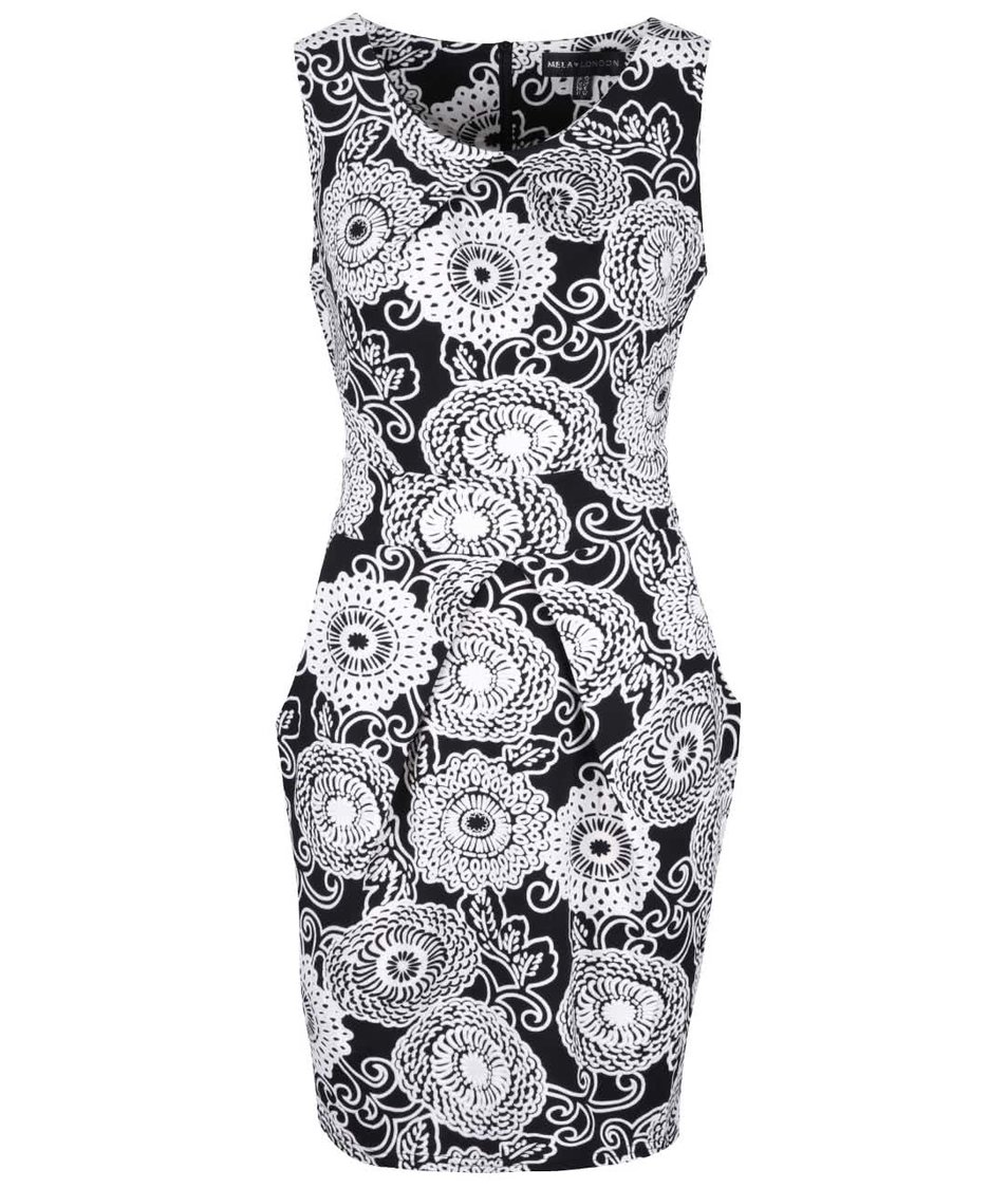 Černo-bílé vzorované šaty s kapsami  a skládanou sukní Mela London