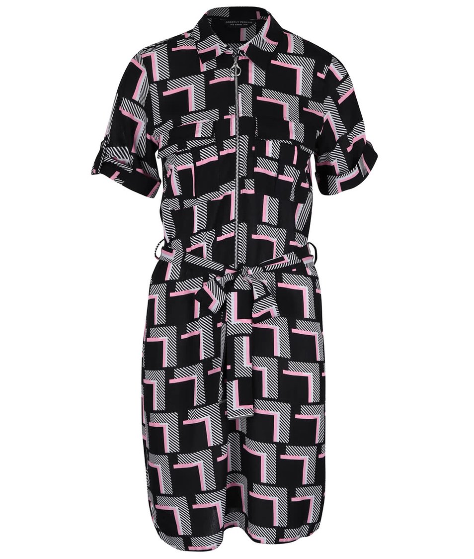 Růžovo-bílo-černé vzorované šaty s kapsami Dorothy Perkins