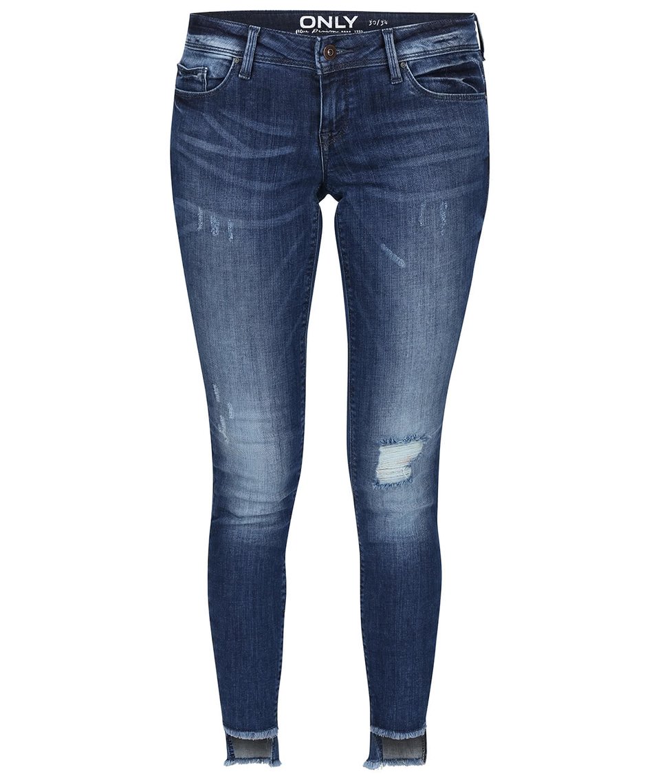 Modré skinny džíny s roztřepenými nohavicemi ONLY Coral