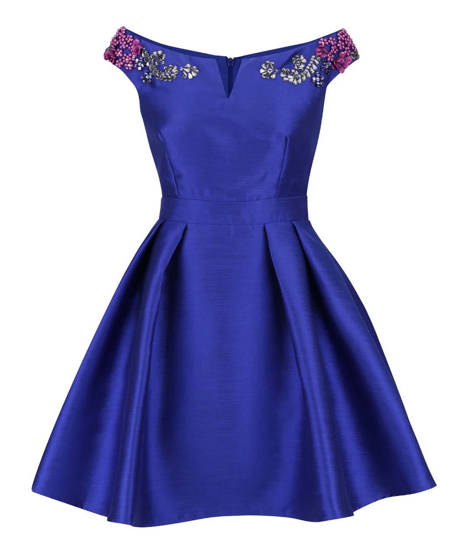 Modré lesklé šaty s barevnými kamínky na ramenou Little Mistress