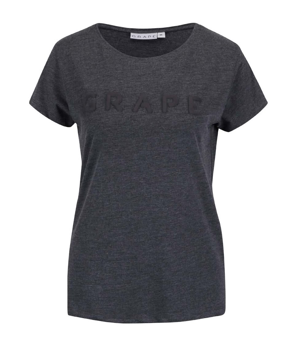 Tmavě šedé žíhané dámské tričko s plastickým potiskem Grape
