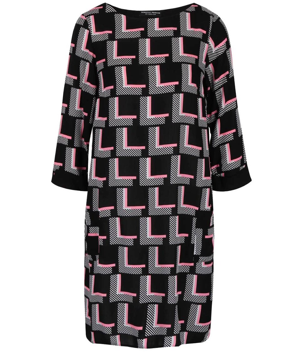 Růžovo-černé vzorované šaty s 3/4 rukávy Dorothy Perkins