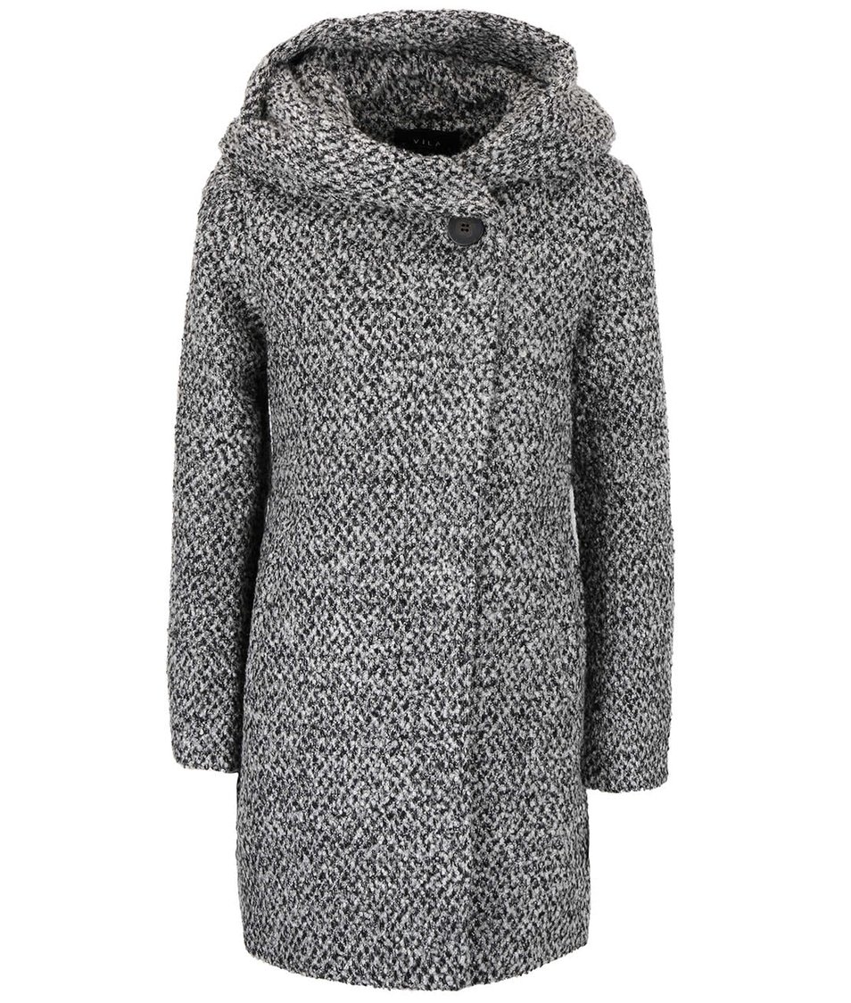 Černo-šedý žíhaný zimní kabát s velkou kapucou VILA Cama