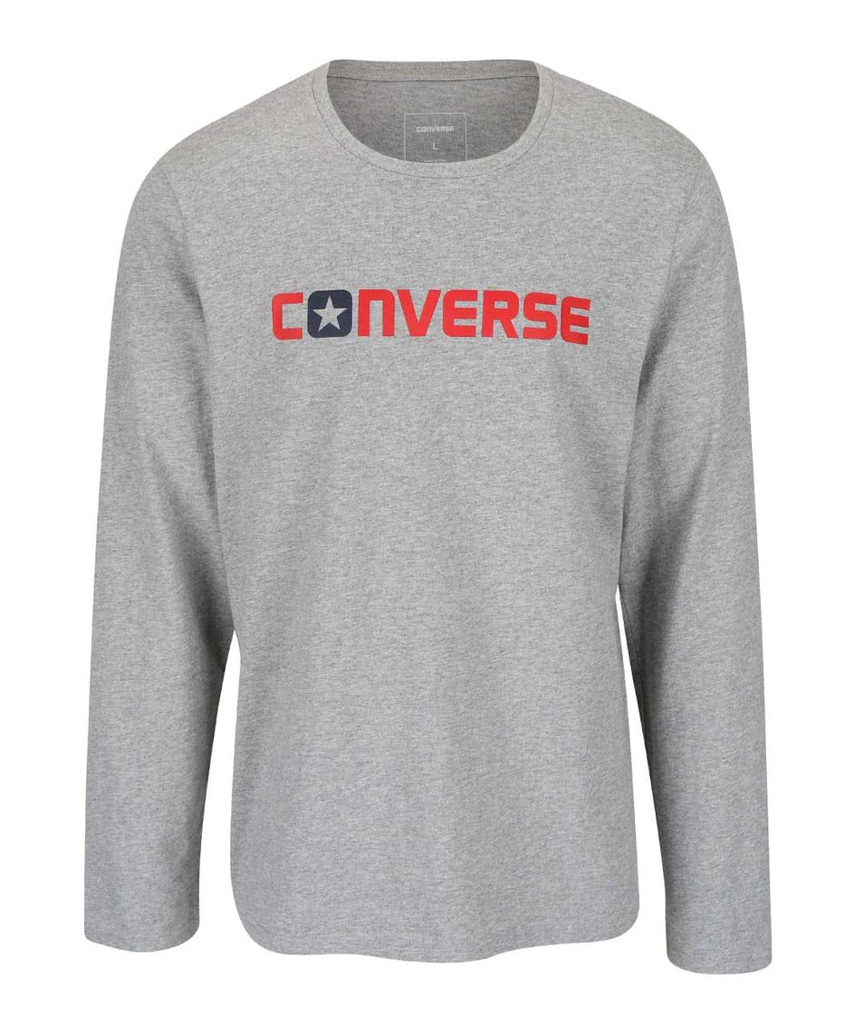Šedé pánské triko s nápisem a dlouhým rukávem Converse