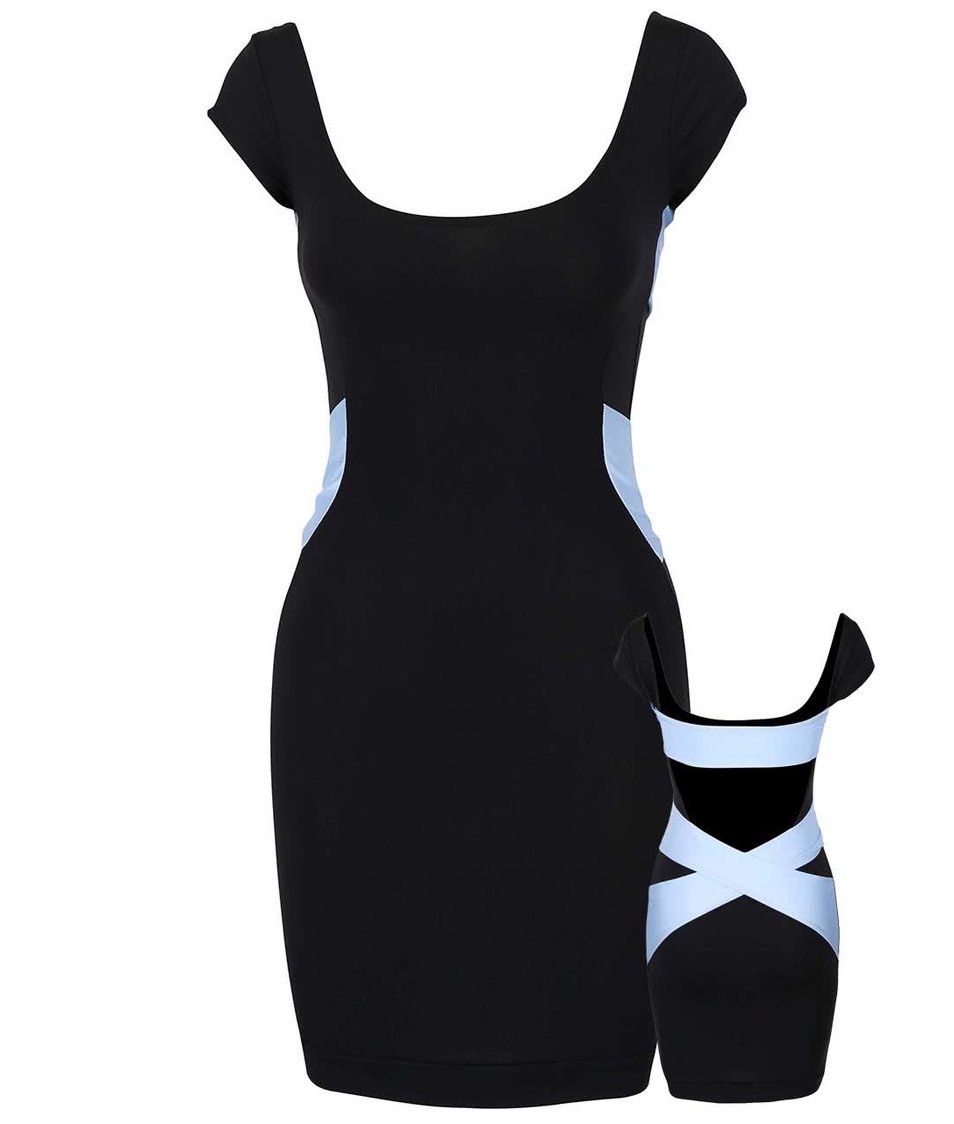 Modro-černé elastické šaty s volnými zády a ozdobnými pásy Quontum