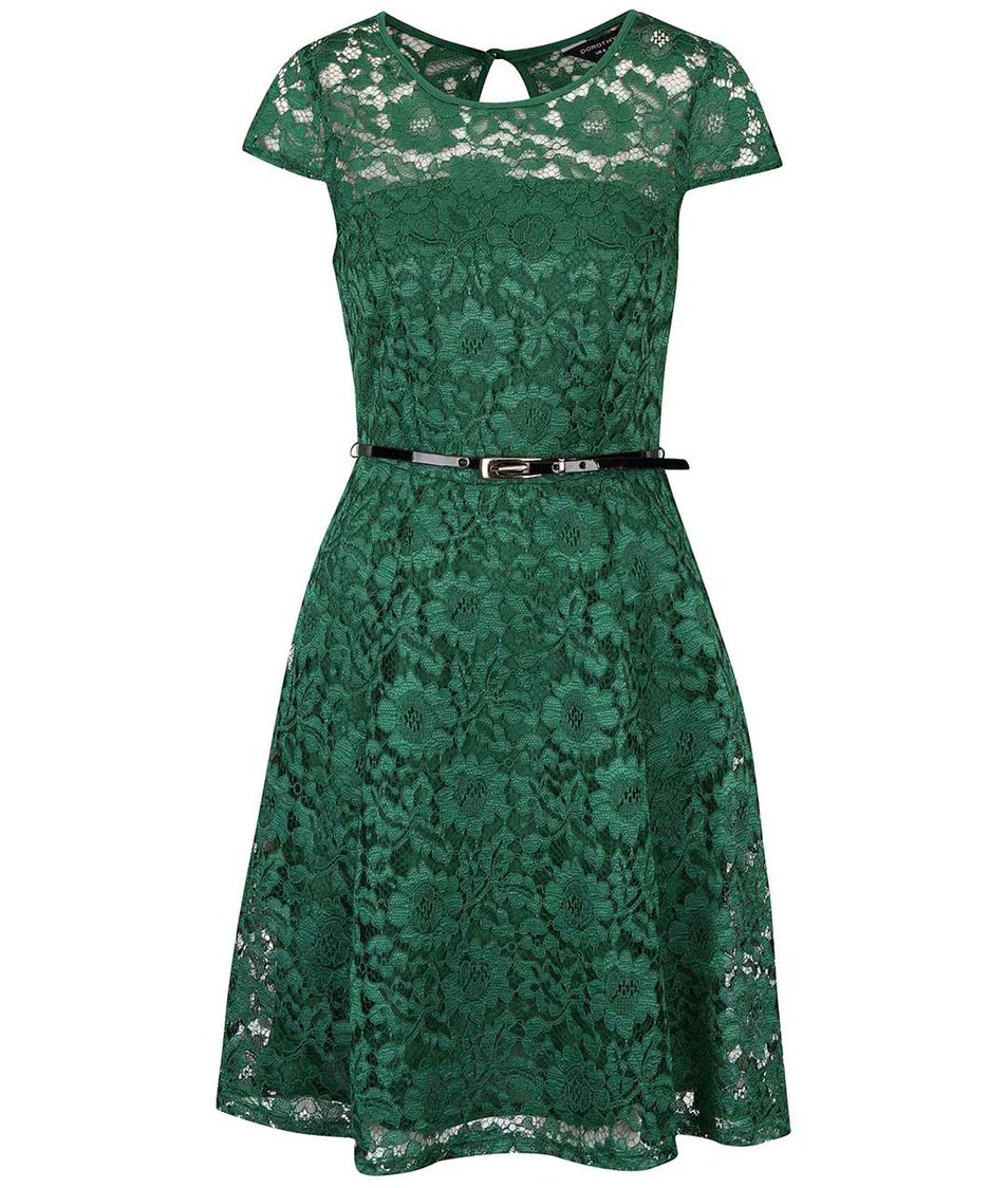 Zelené krajkované šaty s černým páskem Dorothy Perkins