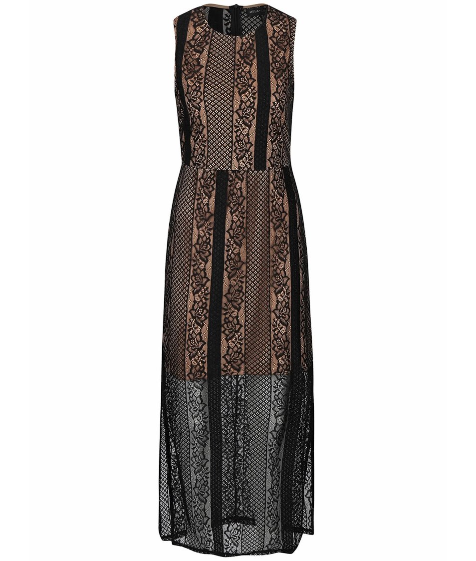 Krémovo-černé krajkové dlouhé šaty Mela London
