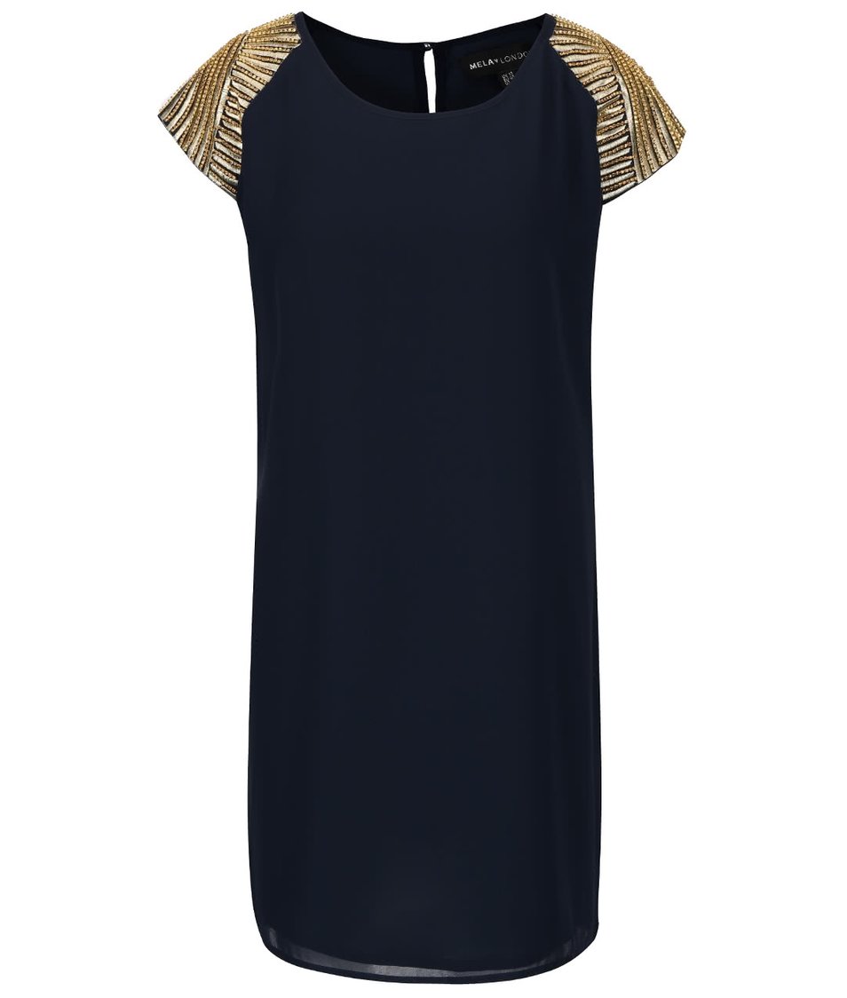 Tmavě modré šaty se aplikací ve zlaté barvě Mela London
