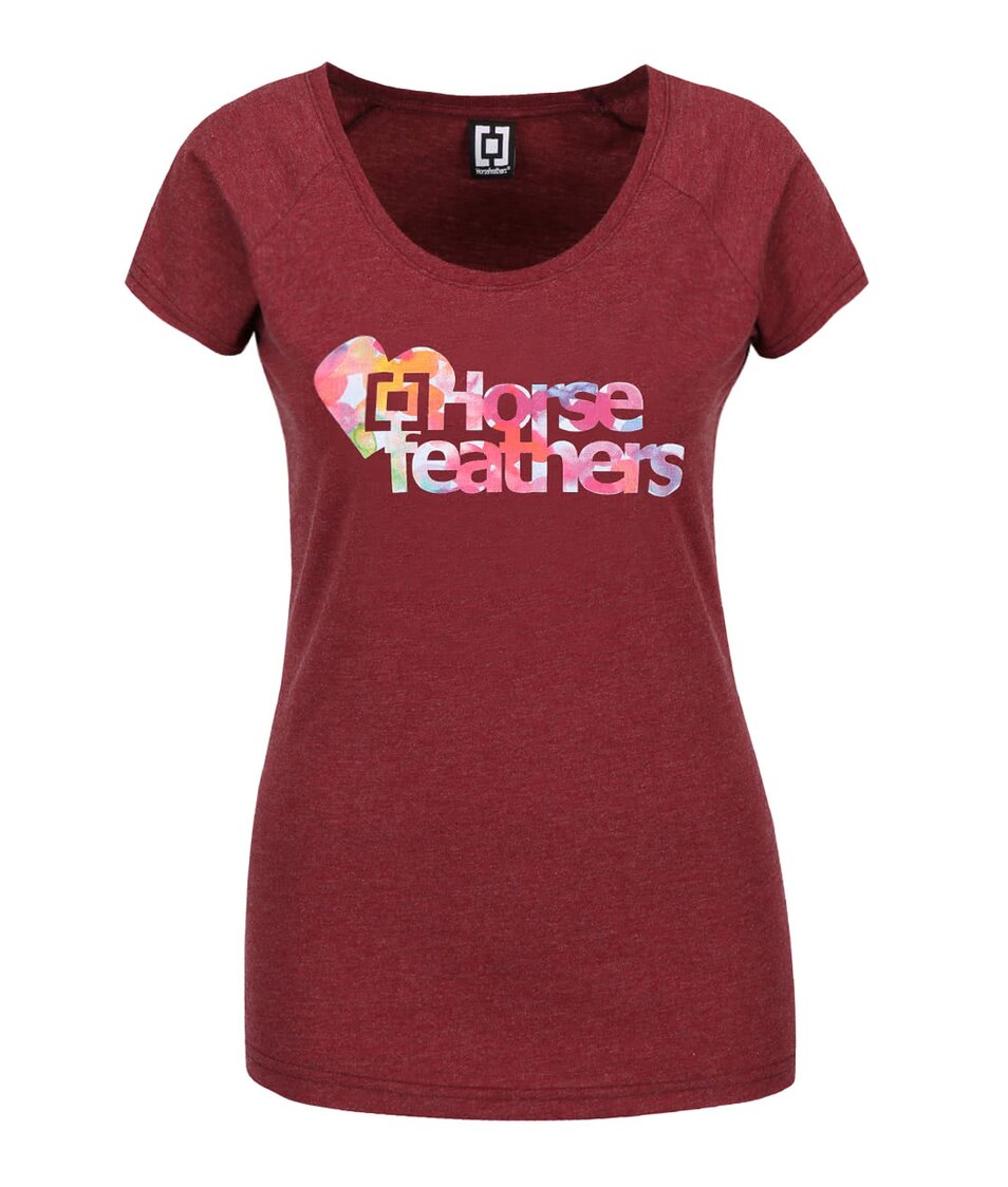Vínové dámské žíhané tričko s barevným nápisem Horsefeathers Piece