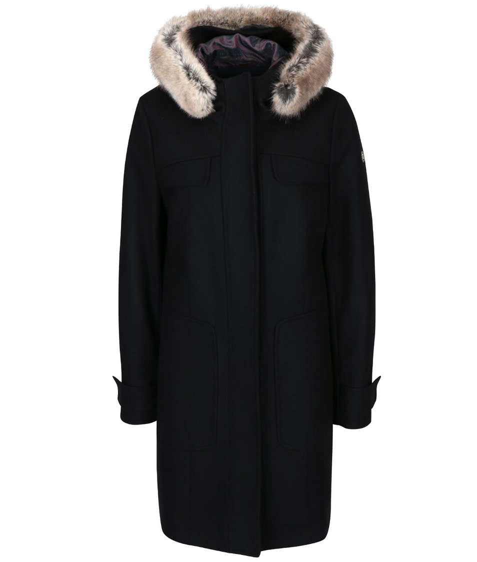 Černý dámský vlnený kabát s kapucí bugatti