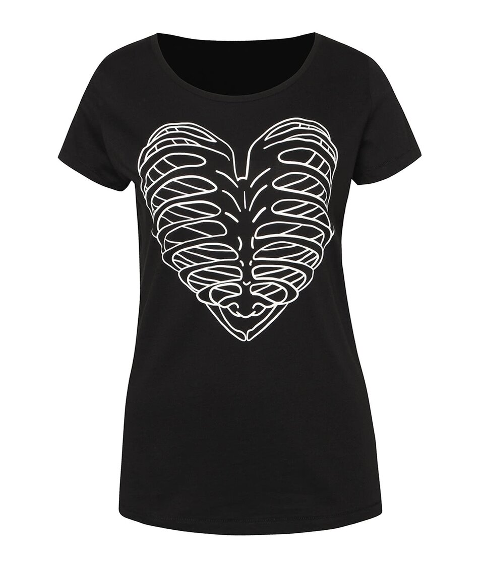 Černé dámské tričko s fosforeskujícím potiskem srdce ZOOT Originál Skeleton