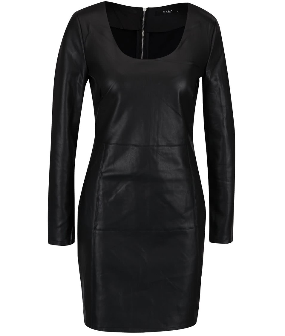 Černé koženkové šaty s dlouhým rukávem VILA