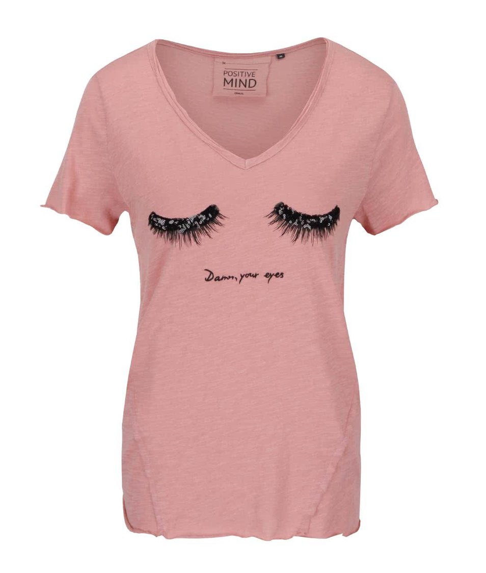 Světle růžové tričko s motivem očí a flitry ONLY Augusta