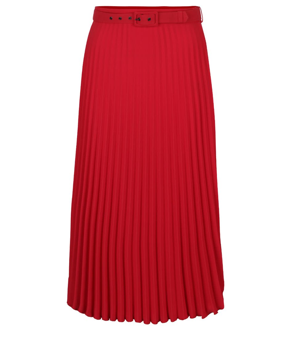 Červená skládaná delší sukně s páskem Dorothy Perkins
