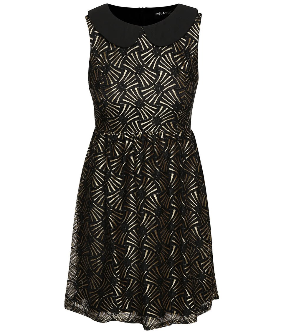 Černé šaty s límečkem a vzory ve zlaté barvě Mela London