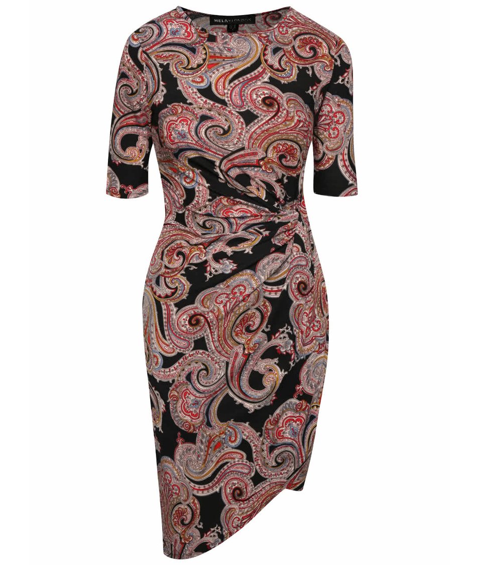 Černé asymetrické šaty s barevným vzorem a krátkým rukávem Mela London
