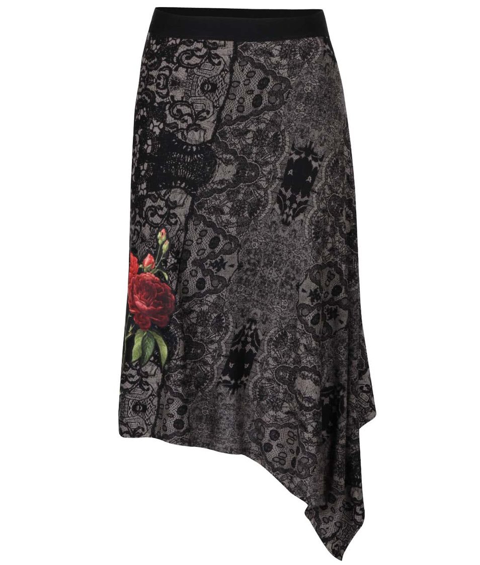 Černo-šedá vzorovaná sukně s květinou Desigual Piedad