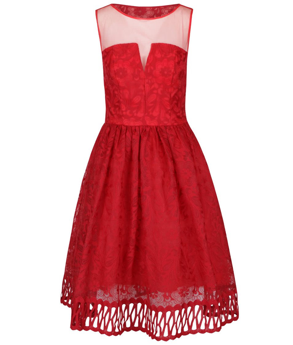 Červené krajkované šaty s průsvitným dekoltem Chi Chi London