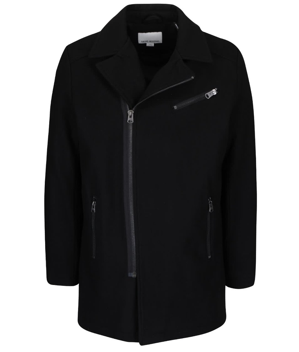 Černý vlněný kabát s asymetrickým zapínáním Shine Original