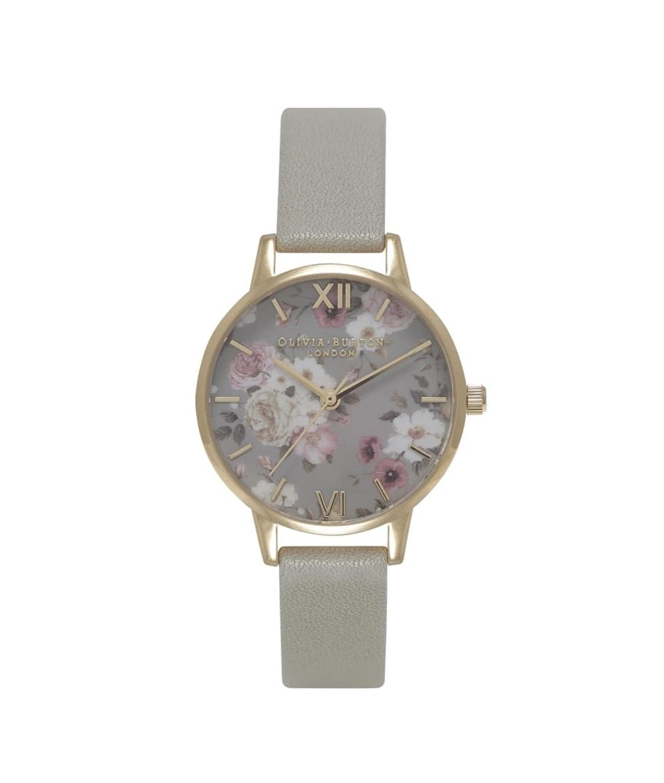 Šedé hodinky s květovaným ciferníkem Olivia Burton