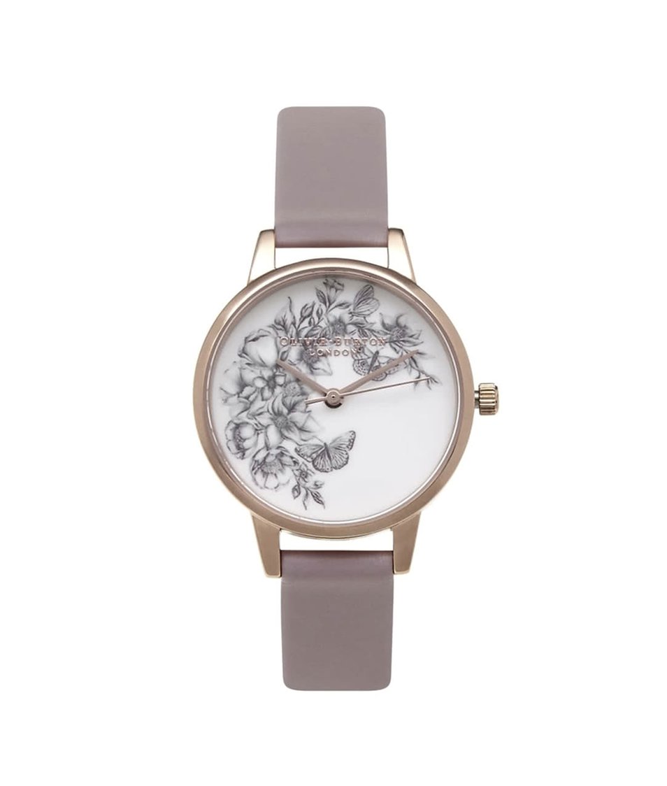 Šedé hodinky s květovaným ciferníkem ve zlaté barvě Olivia Burton