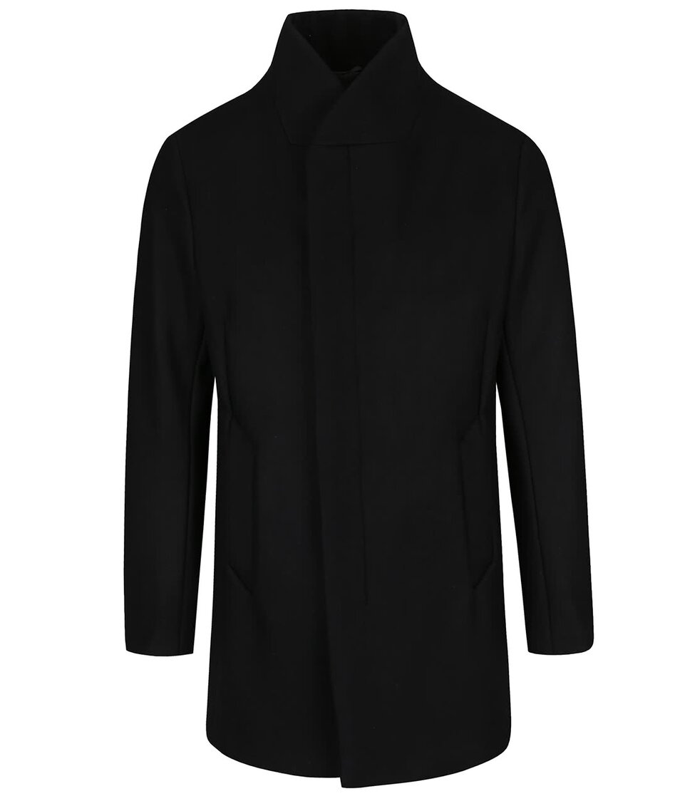 Černý vlněný kabát s vysokým límcem Jack & Jones Gotham