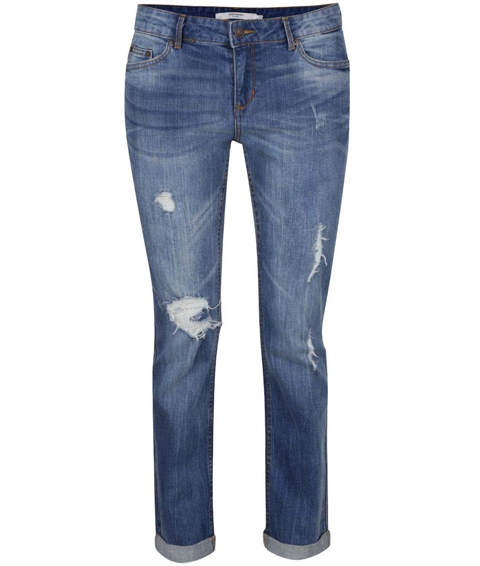 Modré osminkové džíny s potrhaným a vyšisovaným efektem Vero Moda Ten
