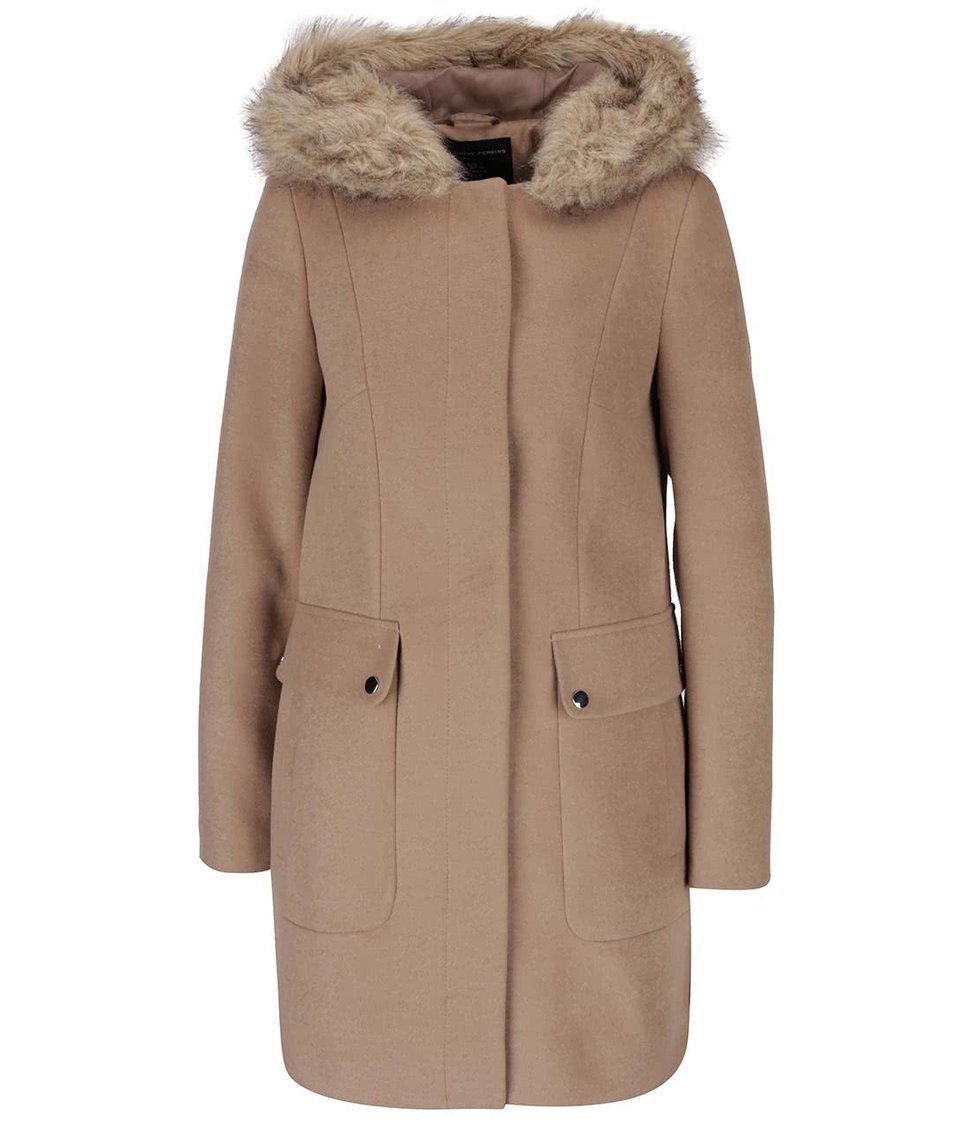 Béžový kabát s kapucí s umělým kožíškem Dorothy Perkins