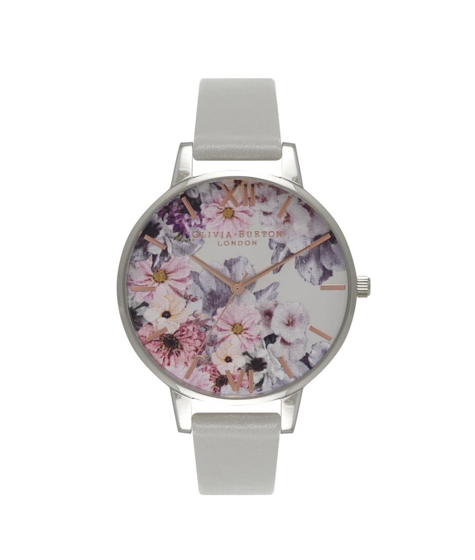 Šedé hodinky s květovaným ciferníkem Olivia Burton