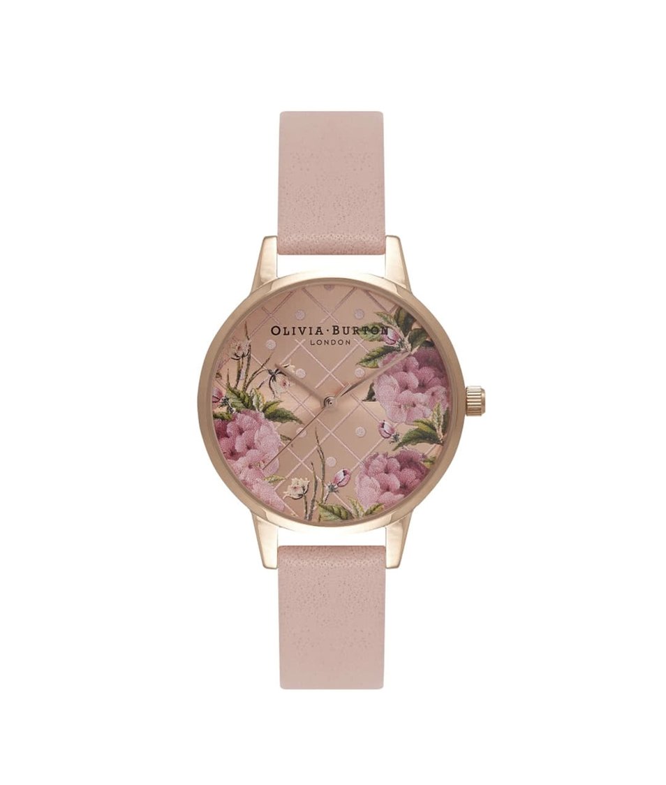 Růžové hodinky s květovaným ciferníkem v růžovozlaté barvě Olivia Burton