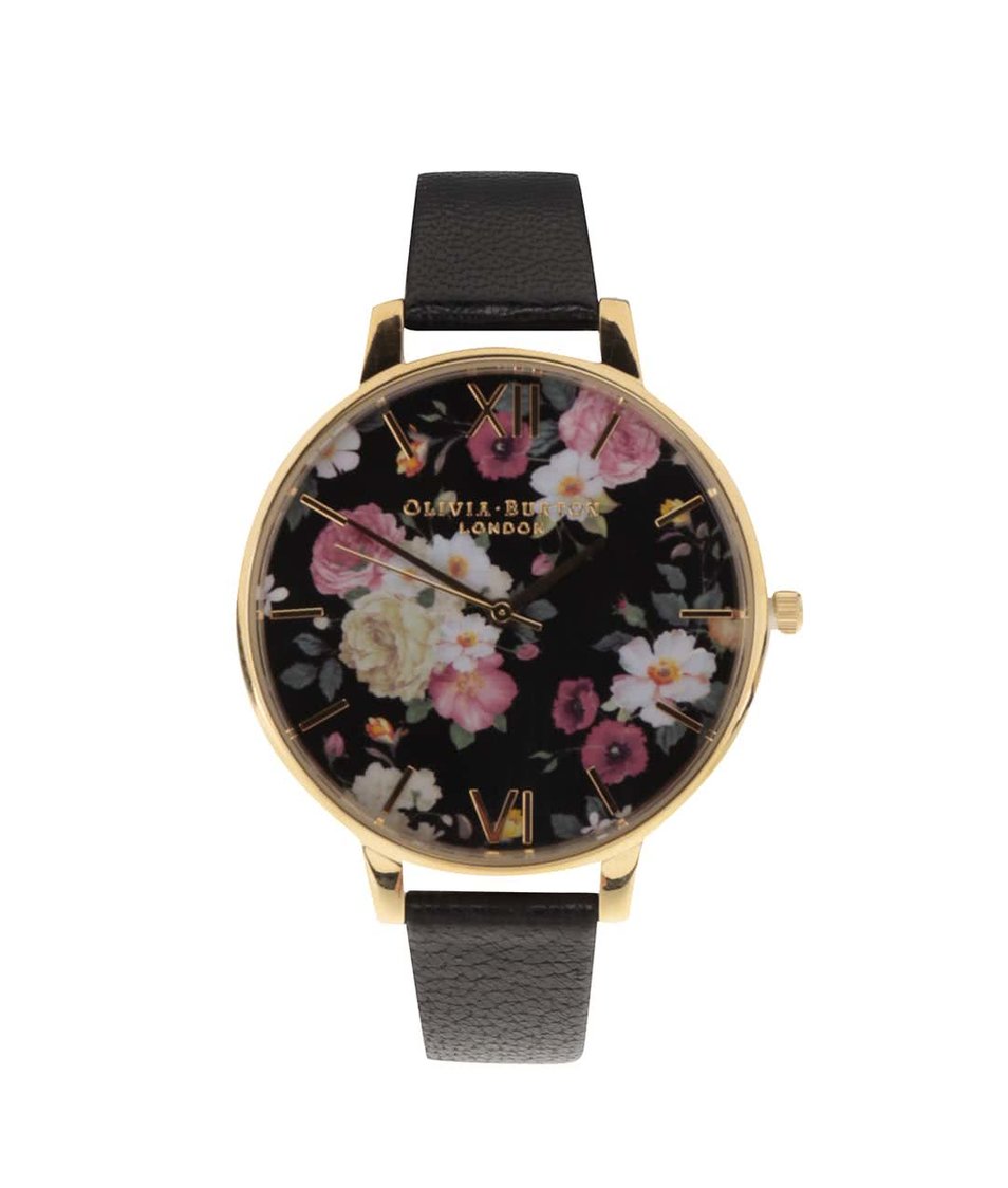 Černé hodinky s květovaným ciferníkem Olivia Burton