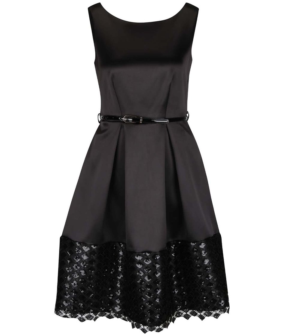 Černé lesklé šaty s páskem a flitrovaným lemem Closet